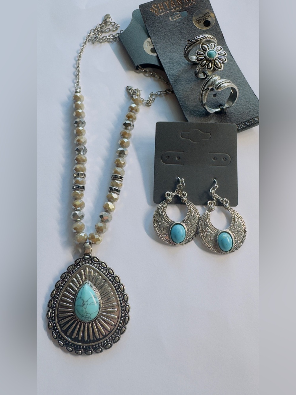 Shyanne Silver-Tone Rings, Teardrop 12” Necklace and Turquoise Earrings Set